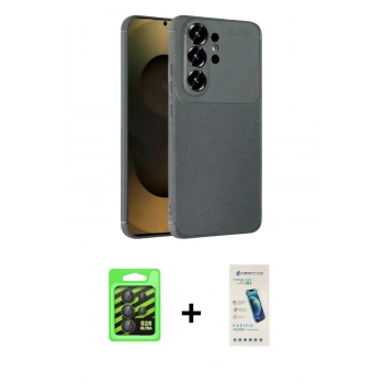 MARSİLYAN™- Galaxy S26 Ultra Kılıf Eksen Form Prime - Şeffaf Pasifik Cam Ekran Koruyucu + Raze Metal Kamera Lens - SH