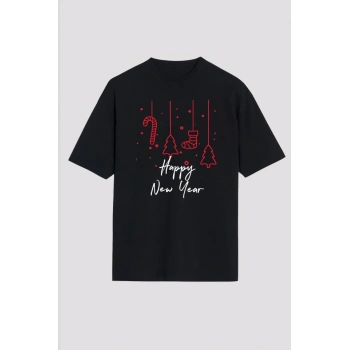 MARSiLYAN- Happy New Year Baskılı T-shirt - Siyah