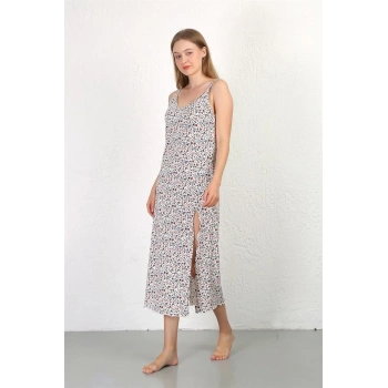 MARSiLYAN- İp Askılı Uzun Yırtmaçlı Penye Gecelik Beyaz