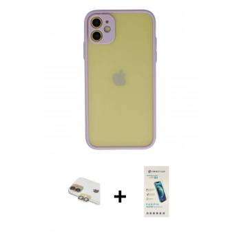 MARSİLYAN™- iPhone 11 Kılıf Ahenk Çizgi Serisi - Şeffaf Pasifik Cam Ekran Koruyucu + Pers Alüminyum Kamera Lens - GD