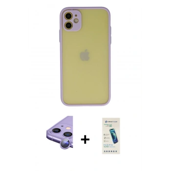 MARSİLYAN™- iPhone 11 Kılıf Ahenk Çizgi Serisi - Şeffaf Pasifik Cam Ekran Koruyucu + Raze Metal Kamera Lens - MR