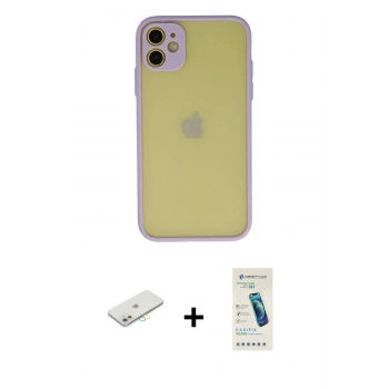 MARSİLYAN™- iPhone 11 Kılıf Ahenk Çizgi Serisi - Şeffaf Pasifik Cam Ekran Koruyucu + Renkli Kamera Lens Koruma Cam - SI