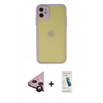 MARSİLYAN™- iPhone 11 Kılıf Ahenk Çizgi Serisi - Şeffaf Pasifik Cam Ekran Koruyucu + Raze Metal Kamera Lens - SH