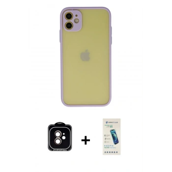 MARSİLYAN™- iPhone 11 Kılıf Ahenk Çizgi Serisi - Şeffaf Pasifik Cam Ekran Koruyucu + PVD Metal Kamera Lens - TU