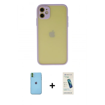 MARSİLYAN™- iPhone 11 Kılıf Ahenk Çizgi Serisi - Şeffaf Pasifik Cam Ekran Koruyucu + Neon Fosforlu Kamera Lens - YL