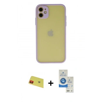 MARSİLYAN™- iPhone 11 Kılıf Ahenk Çizgi Serisi - Şeffaf Royal Nano Ekran Koruyucu + Rainbow Kamera Lens Koruma Cam - KI