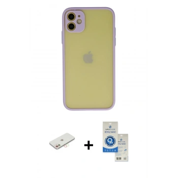 MARSİLYAN™- iPhone 11 Kılıf Ahenk Çizgi Serisi - Şeffaf Royal Nano Ekran Koruyucu + Renkli Kamera Lens Koruma Cam - YL