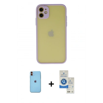 MARSİLYAN™- iPhone 11 Kılıf Ahenk Çizgi Serisi - Şeffaf Royal Nano Ekran Koruyucu + Neon Fosforlu Kamera Lens - TU