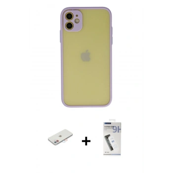 MARSİLYAN™- iPhone 11 Kılıf Ahenk Çizgi Serisi - Şeffaf Uv Polymer Nano Ekran Koruyucu + Renkli Kamera Lens Koruma Cam - PE