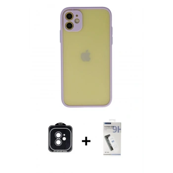 MARSİLYAN™- iPhone 11 Kılıf Ahenk Çizgi Serisi - Şeffaf Uv Polymer Nano Ekran Koruyucu + PVD Metal Kamera Lens - SH
