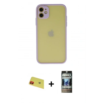 MARSİLYAN™- iPhone 11 Kılıf Ahenk Çizgi Serisi - Siyah 34D Hayalet Izgaralı Cam + Rainbow Kamera Lens Koruma Cam - KI
