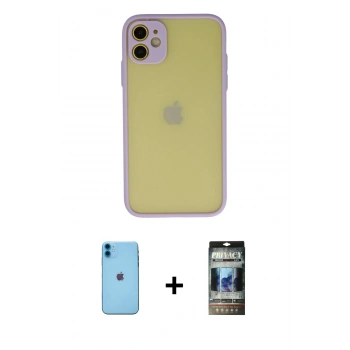 MARSİLYAN™- iPhone 11 Kılıf Ahenk Çizgi Serisi - Siyah 34D Hayalet Izgaralı Cam + Neon Fosforlu Kamera Lens - MI
