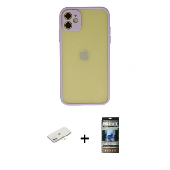 MARSİLYAN™- iPhone 11 Kılıf Ahenk Çizgi Serisi - Siyah 34D Hayalet Izgaralı Cam + Renkli Kamera Lens Koruma Cam - SI