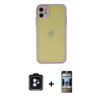 MARSİLYAN™- iPhone 11 Kılıf Ahenk Çizgi Serisi - Siyah 34D Hayalet Izgaralı Cam + PVD Metal Kamera Lens - SH