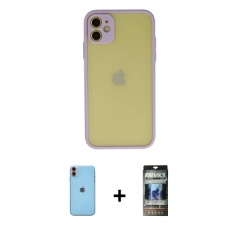 MARSİLYAN™- iPhone 11 Kılıf Ahenk Çizgi Serisi - Siyah 34D Hayalet Izgaralı Cam + Neon Fosforlu Kamera Lens - TU