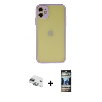 MARSİLYAN™- iPhone 11 Kılıf Ahenk Çizgi Serisi - Siyah 34D Hayalet Izgaralı Cam + Pers Alüminyum Kamera Lens - YL