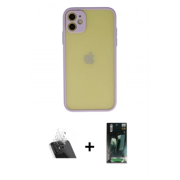 MARSİLYAN™- iPhone 11 Kılıf Ahenk Çizgi Serisi - Siyah 360 Mat Full Body Arka Koruyucu + Kamera Lens Koruma Cam - SF