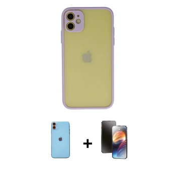 MARSİLYAN™- iPhone 11 Kılıf Ahenk Çizgi Serisi - Siyah 3D Antistatik Mat Seramik Nano Ekran Koruyucu + Neon Fosforlu Kamera Lens - TU