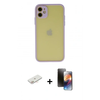 MARSİLYAN™- iPhone 11 Kılıf Ahenk Çizgi Serisi - Siyah 3D Antistatik Mat Seramik Nano Ekran Koruyucu + Renkli Kamera Lens Koruma Cam - YL