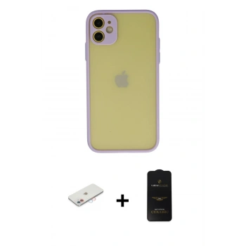 MARSİLYAN™- iPhone 11 Kılıf Ahenk Çizgi Serisi - Siyah 6D Antistatik Mat Seramik Hayalet Nano Ekran Koruyucu + Renkli Kamera Lens Koruma Cam - PE
