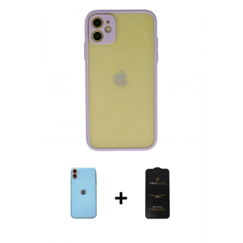 MARSİLYAN™- iPhone 11 Kılıf Ahenk Çizgi Serisi - Siyah 6D Antistatik Mat Seramik Hayalet Nano Ekran Koruyucu + Neon Fosforlu Kamera Lens - TU