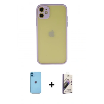 MARSİLYAN™- iPhone 11 Kılıf Ahenk Çizgi Serisi - Siyah Bilvis 3D Mat Cam Ekran Koruyucu + Neon Fosforlu Kamera Lens - MI