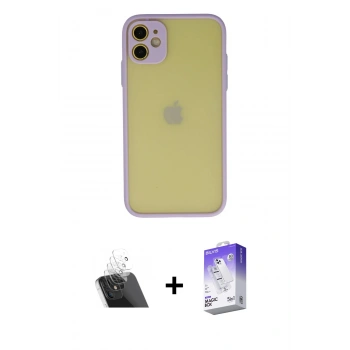 MARSİLYAN™- iPhone 11 Kılıf Ahenk Çizgi Serisi - Siyah Bilvis 5in1 3D Magic Cam Ekran Koruyucu + Kamera Lens Koruma Cam - SF