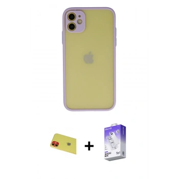 MARSİLYAN™- iPhone 11 Kılıf Ahenk Çizgi Serisi - Siyah Bilvis 5in1 3D Magic Cam Ekran Koruyucu + Rainbow Kamera Lens Koruma Cam - KI