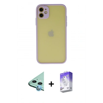 MARSİLYAN™- iPhone 11 Kılıf Ahenk Çizgi Serisi - Siyah Bilvis 5in1 3D Magic Cam Ekran Koruyucu + Raze Metal Kamera Lens - MI