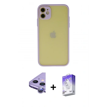 MARSİLYAN™- iPhone 11 Kılıf Ahenk Çizgi Serisi - Siyah Bilvis 5in1 3D Magic Cam Ekran Koruyucu + Raze Metal Kamera Lens - MR