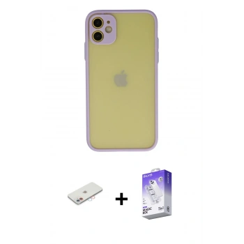 MARSİLYAN™- iPhone 11 Kılıf Ahenk Çizgi Serisi - Siyah Bilvis 5in1 3D Magic Cam Ekran Koruyucu + Renkli Kamera Lens Koruma Cam - PE