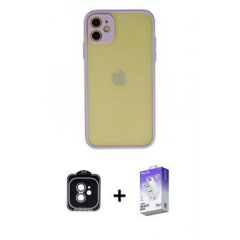 MARSİLYAN™- iPhone 11 Kılıf Ahenk Çizgi Serisi - Siyah Bilvis 5in1 3D Magic Cam Ekran Koruyucu + PVD Metal Kamera Lens - YL
