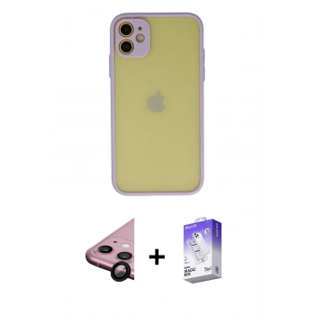 MARSİLYAN™- iPhone 11 Kılıf Ahenk Çizgi Serisi - Siyah Bilvis 5in1 3D Magic Cam Ekran Koruyucu + Raze Metal Kamera Lens - SH