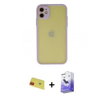MARSİLYAN™- iPhone 11 Kılıf Ahenk Çizgi Serisi - Siyah Bilvis 5in1 5D Magic Hayalet Cam Ekran Koruyucu + Rainbow Kamera Lens Koruma Cam - KI