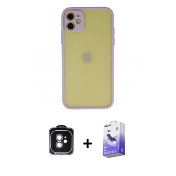 MARSİLYAN™- iPhone 11 Kılıf Ahenk Çizgi Serisi - Siyah Bilvis 5in1 5D Magic Hayalet Cam Ekran Koruyucu + PVD Metal Kamera Lens - MI