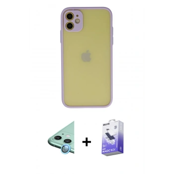 MARSİLYAN™- iPhone 11 Kılıf Ahenk Çizgi Serisi - Siyah Bilvis 5in1 5D Magic Hayalet Cam Ekran Koruyucu + Raze Metal Kamera Lens - MI
