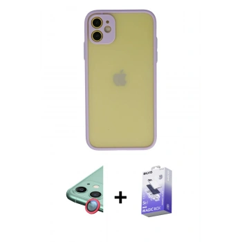 MARSİLYAN™- iPhone 11 Kılıf Ahenk Çizgi Serisi - Siyah Bilvis 5in1 5D Magic Hayalet Cam Ekran Koruyucu + Raze Metal Kamera Lens - KI