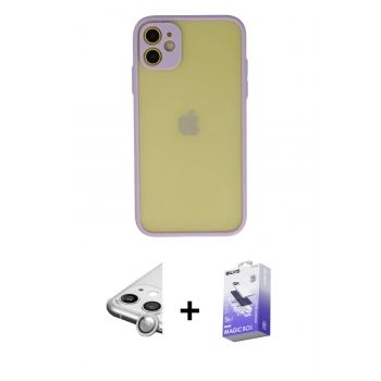 MARSİLYAN™- iPhone 11 Kılıf Ahenk Çizgi Serisi - Siyah Bilvis 5in1 5D Magic Hayalet Cam Ekran Koruyucu + Raze Metal Kamera Lens - GS