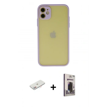 MARSİLYAN™- iPhone 11 Kılıf Ahenk Çizgi Serisi - Siyah Bilvis Hayalet Cam Ekran Koruyucu + Renkli Kamera Lens Koruma Cam - PE