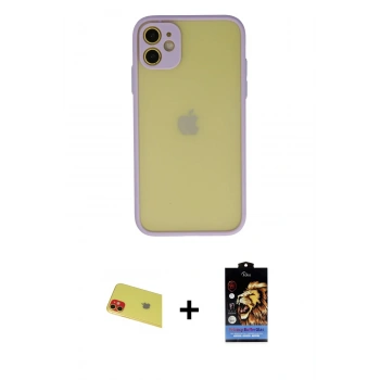 MARSİLYAN™- iPhone 11 Kılıf Ahenk Çizgi Serisi - Siyah Buffer Hayalet Cam Ekran Koruyucu + Rainbow Kamera Lens Koruma Cam - KI