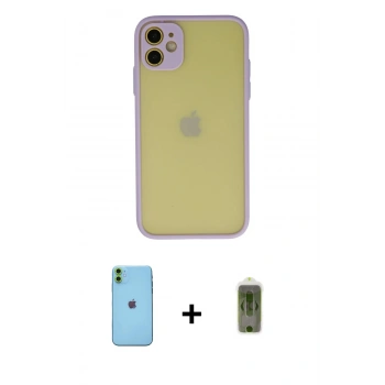 MARSİLYAN™- iPhone 11 Kılıf Ahenk Çizgi Serisi - Siyah Joko Magic 5D Hayalet Cam + Neon Fosforlu Kamera Lens - YL