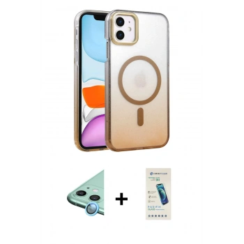 MARSİLYAN™- iPhone 11 Kılıf Ahenk Doku Özel Seri - Şeffaf Pasifik Cam Ekran Koruyucu + Raze Metal Kamera Lens - MI