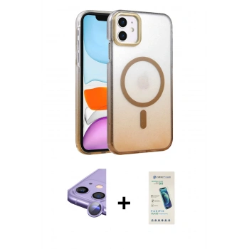 MARSİLYAN™- iPhone 11 Kılıf Ahenk Doku Özel Seri - Şeffaf Pasifik Cam Ekran Koruyucu + Raze Metal Kamera Lens - MR