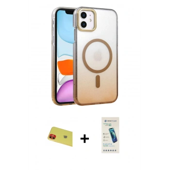MARSİLYAN™- iPhone 11 Kılıf Ahenk Doku Özel Seri - Şeffaf Pasifik Cam Ekran Koruyucu + Rainbow Kamera Lens Koruma Cam - KI