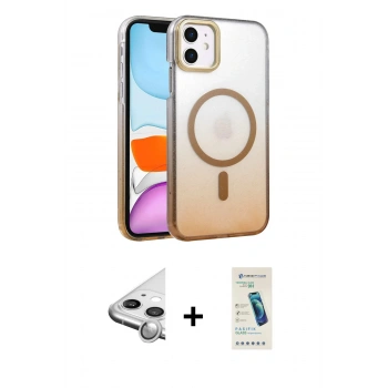 MARSİLYAN™- iPhone 11 Kılıf Ahenk Doku Özel Seri - Şeffaf Pasifik Cam Ekran Koruyucu + Raze Metal Kamera Lens - GS