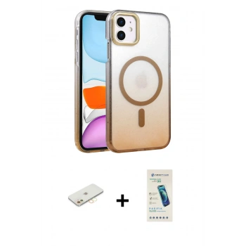 MARSİLYAN™- iPhone 11 Kılıf Ahenk Doku Özel Seri - Şeffaf Pasifik Cam Ekran Koruyucu + Renkli Kamera Lens Koruma Cam - SI