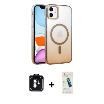 MARSİLYAN™- iPhone 11 Kılıf Ahenk Doku Özel Seri - Şeffaf Pasifik Cam Ekran Koruyucu + PVD Metal Kamera Lens - SH