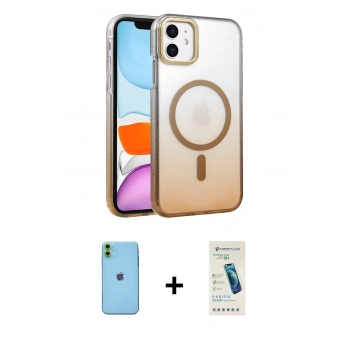 MARSİLYAN™- iPhone 11 Kılıf Ahenk Doku Özel Seri - Şeffaf Pasifik Cam Ekran Koruyucu + Neon Fosforlu Kamera Lens - YL