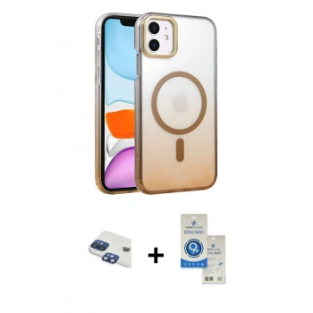 MARSİLYAN™- iPhone 11 Kılıf Ahenk Doku Özel Seri - Şeffaf Royal Nano Ekran Koruyucu + Pers Alüminyum Kamera Lens - LT