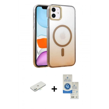 MARSİLYAN™- iPhone 11 Kılıf Ahenk Doku Özel Seri - Şeffaf Royal Nano Ekran Koruyucu + Renkli Kamera Lens Koruma Cam - SI